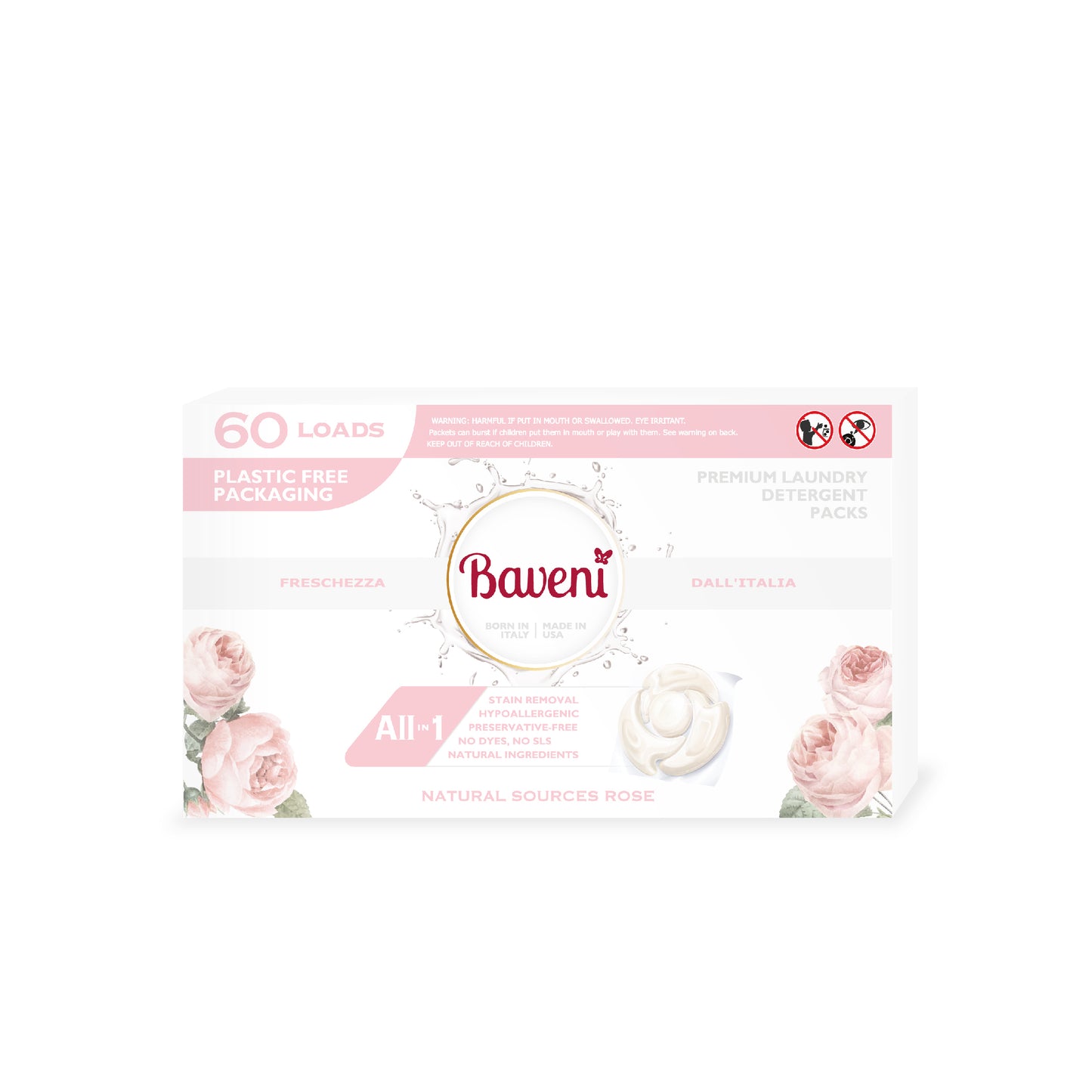 Baveni Laundry Detergent Packs. Natural Sources Rose 60 LOADS