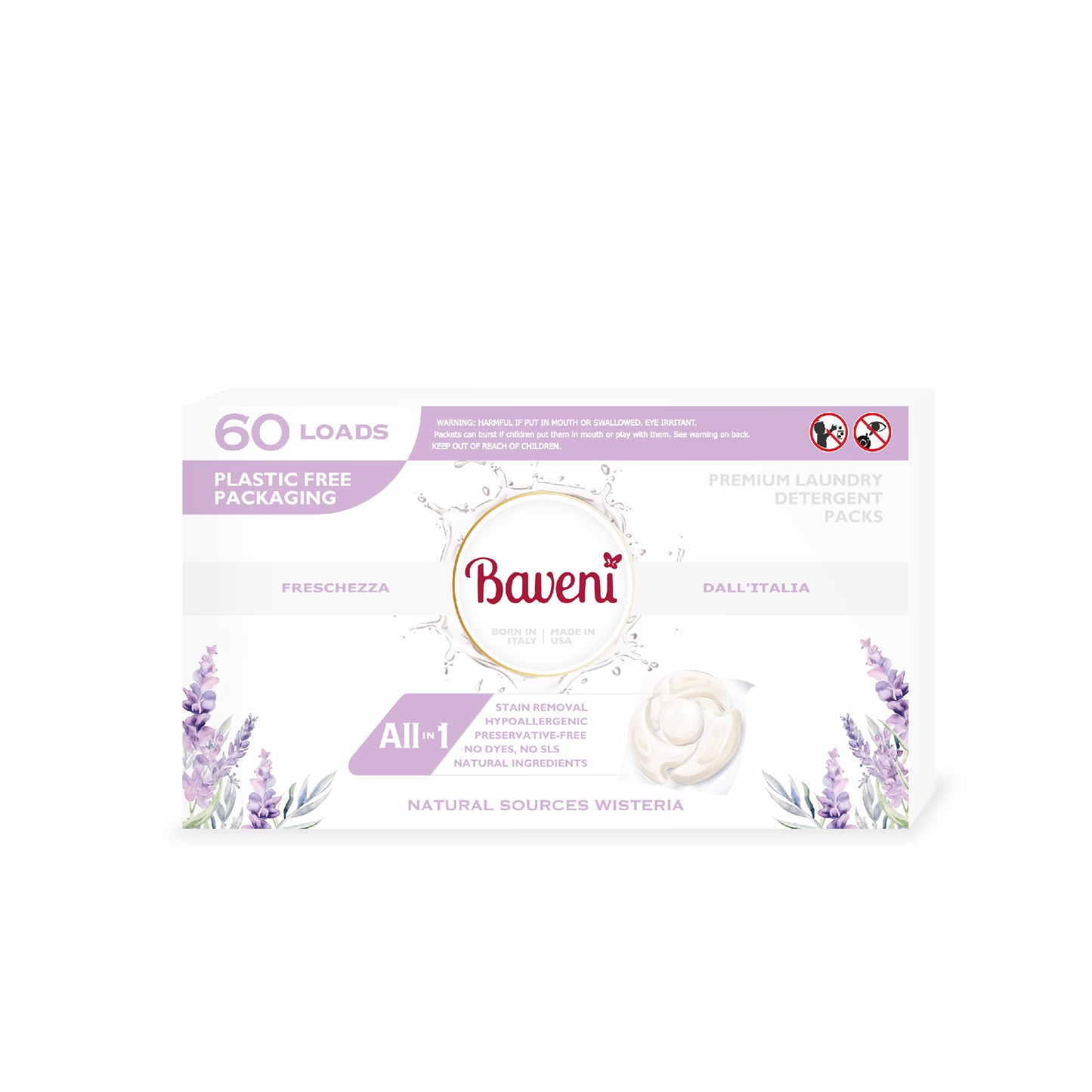 Baveni Laundry Detergent Packs. Natural Sources Wisteria 60 LOADS