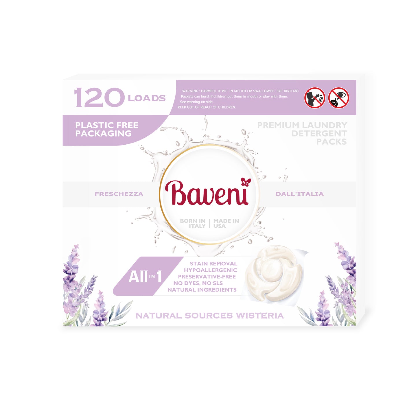 Baveni Laundry Detergent Packs. Natural Sources Wisteria 120 LOADS